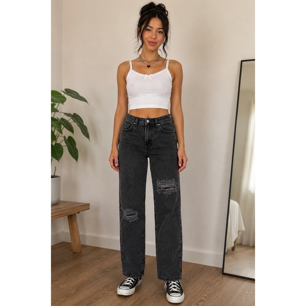 Garage Denim Vintage Straight Jeans Womens 3 Black Distressed Cropped 26